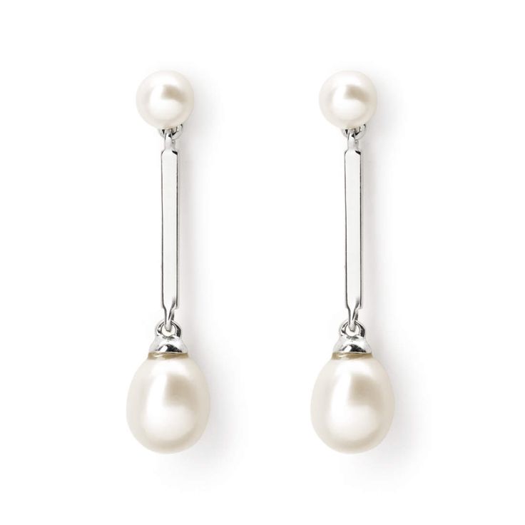 9ct White Gold Double Pearl Drop Earrings | Aspinal of London Modern Pearl Earrings For Anniversary, Elegant White Drop Pearl Earrings, Elegant Silver Pearl Earrings For Evening, Minimalist Pearl Drop Earrings For Evening, Elegant Pearl White Pearl Drop Earrings, Classic Pearl Pendant Earrings, Elegant Pearl White Earrings With Pearl Drop, Modern Akoya Pearl Drop Earrings, Classic Pearl Earrings With Pearl Pendant