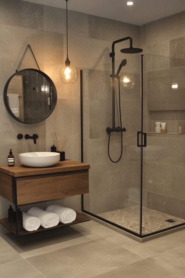 a bathroom with a stand up shower, sink and mirror on the wall next to it