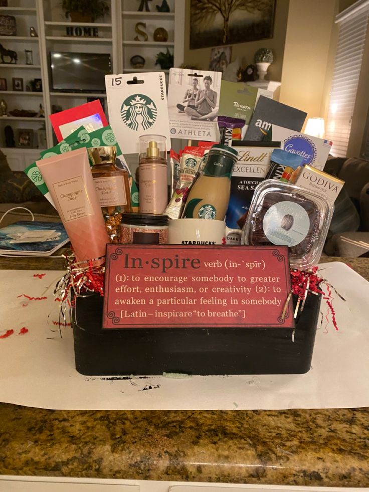 a starbucks gift basket is sitting on the counter