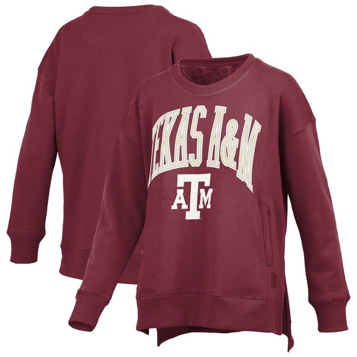 Stay cozy and show off your Texas A&M Aggies pride with this Pressbox Pocketed Arch Pullover Sweatshirt. This pullover features a droptail hem with side splits and two front pockets, offering both a flattering fit and practical storage. Made with a blend of cotton and polyester, this midweight Texas A&M Aggies sweatshirt is perfect for moderate temperatures and provides all-day comfort. Oversized Tops For School Spirit In Fall, Oversized Tops For Fall With School Spirit, Collegiate Fleece Tops For Fall, Collegiate Sweater For Loungewear In Fall, Fall Collegiate Sweater For Loungewear, Collegiate Style Sweater For Fall Loungewear, Oversized Collegiate Winter Tops, College French Terry Tops With Ribbed Cuffs, Long Sleeve Tops For Game Day In Fall