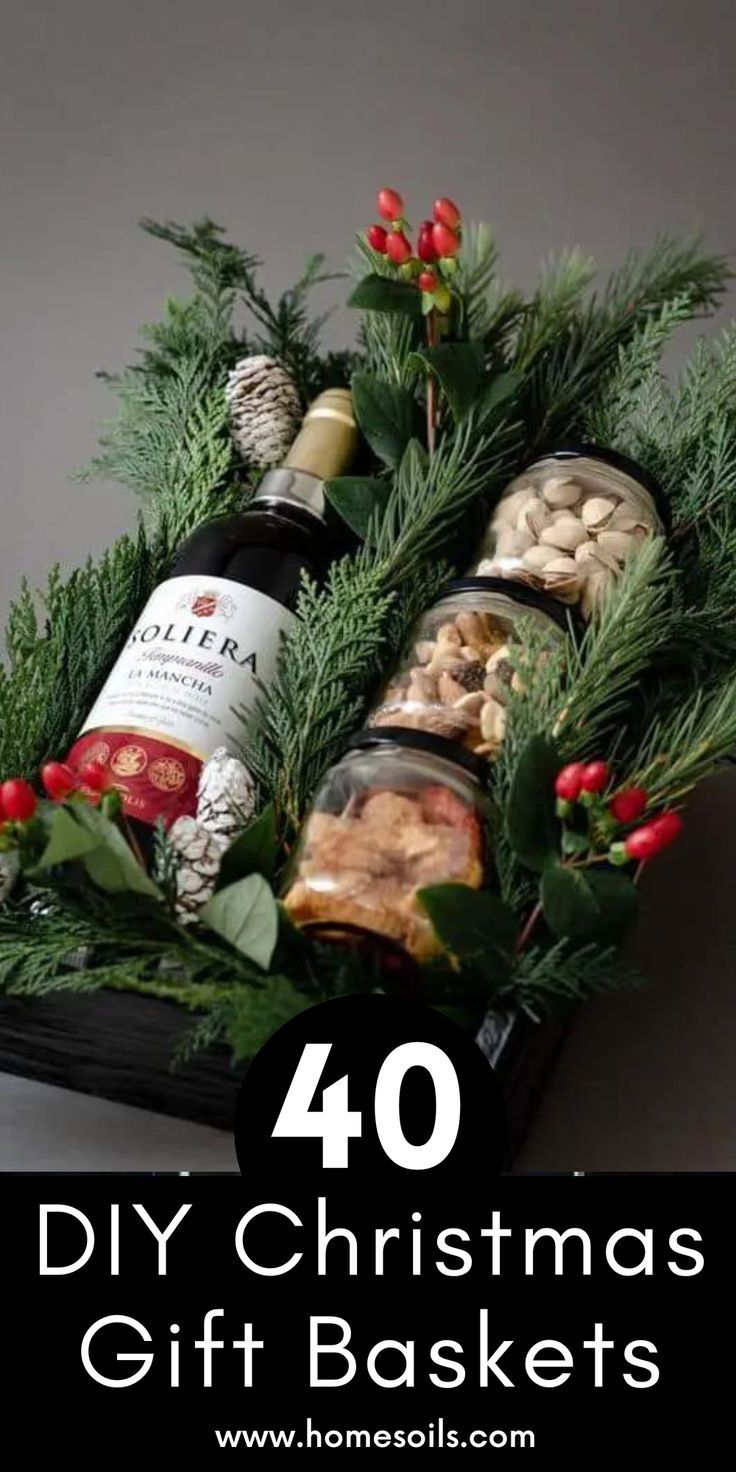 christmas gift baskets with wine bottles and pine branches