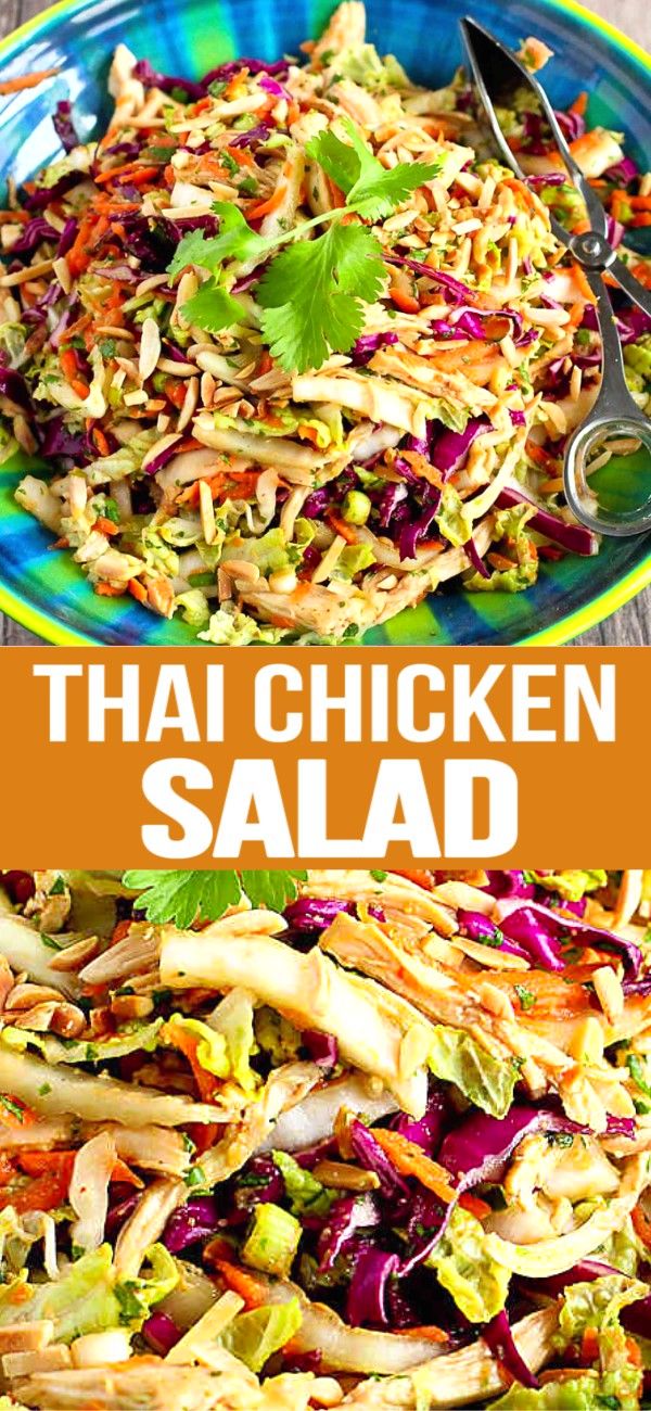 this thai chicken salad is loaded with shredded vegetables and garnished with cilantro