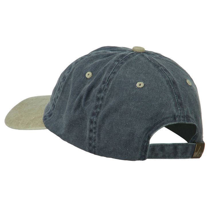 a blue hat with a tan brimmed peak and two buttons on the front