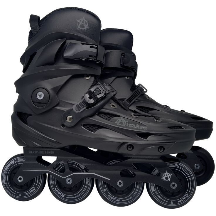 the roller skates are black and have wheels