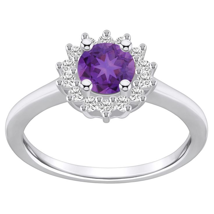 Featuring a round-cut amethyst center stone wrapped in a crown of scintillating diamonds, this 14k white gold Alyson Layne ring accents your look beautifully. Featuring a round-cut amethyst center stone wrapped in a crown of scintillating diamonds, this 14k white gold Alyson Layne ring accents your look beautifully.  Metal: 14k white gold Packaging: boxed Plating: rhodium Width: 7/16 in. Finish: polishedSTONE DETAILS Stone type: amethyst Total weight: 1 ct. Center stone weight: 3/4 ct. Center st Formal Birthstone Ring With Halo And Round Cut, Classic Purple Birthstone Ring With Center Stone, Purple Diamond Ring With Halo Setting And Round Cut, Fine Jewelry Purple Amethyst Ring With Center Stone, Purple Round Cut Rings With Halo Setting, Purple Round Cut Halo Setting Rings, Classic Purple Diamond Ring With Halo Setting, Purple Diamond Ring With Halo Setting, Formal Purple Birthstone Ring With Prong Setting