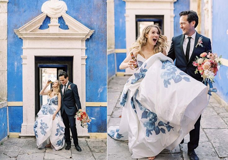 a man and woman are walking in front of a blue building with flowers on it