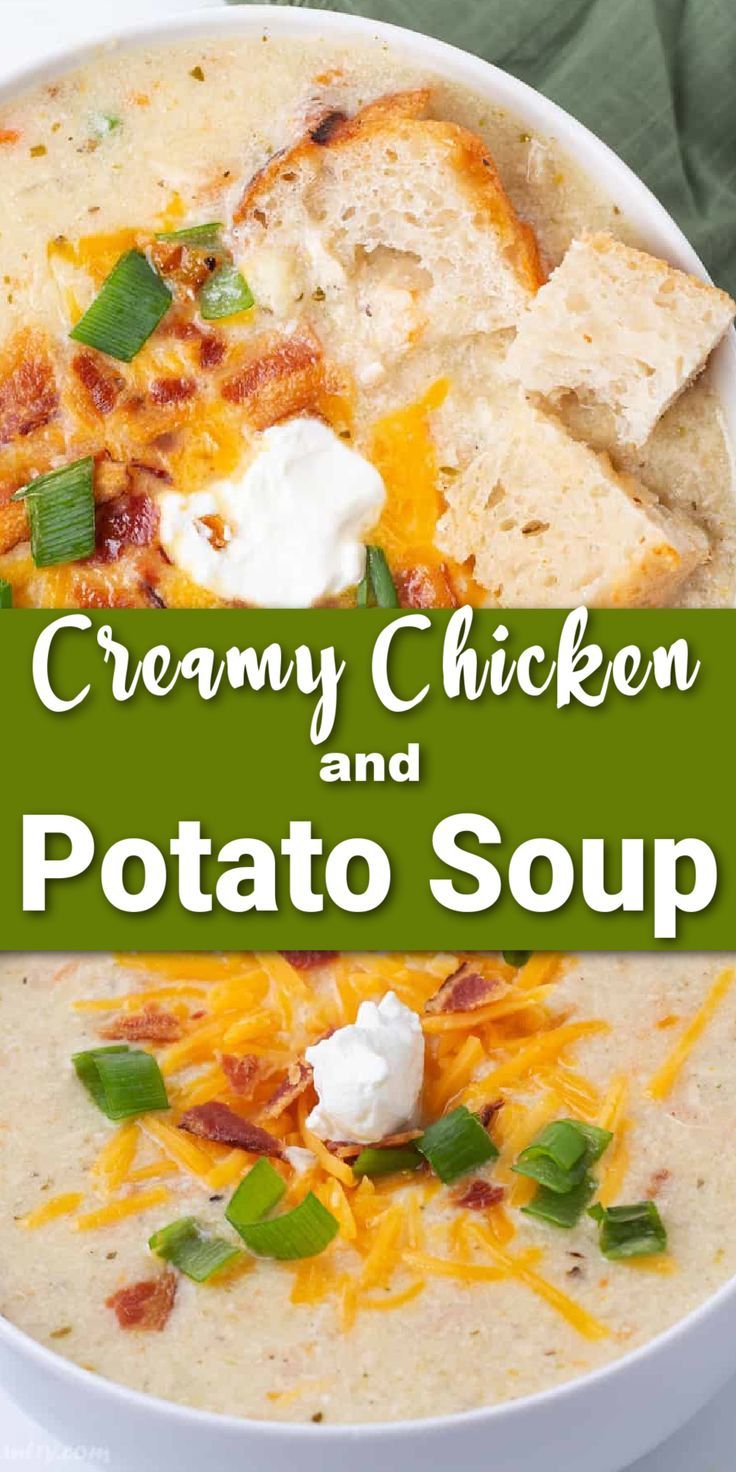 Bowls of creamy chicken and potato soup topped with scallions, bacon and cheese with Pinterest overlay. Simple Potato Soup, Chicken Potato Soup, Homemade Potato Soup, Baked Potato Soup Recipe, Best Potato Soup, Slow Cooker Potato Soup, Potato Soup Easy, Potato Soup Crock Pot, Loaded Potato Soup