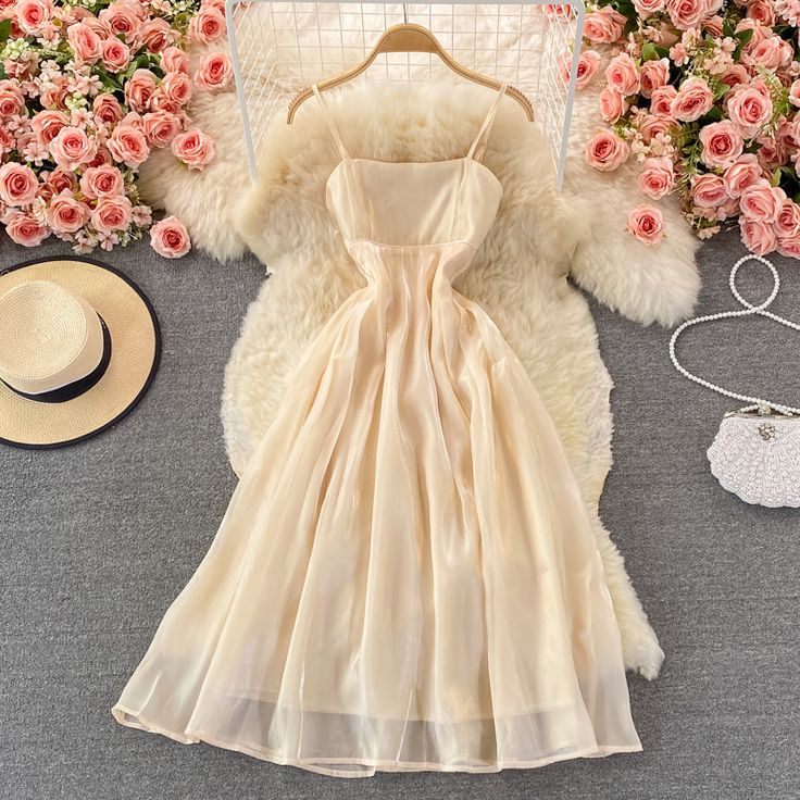 Cute A line short dress fashion dress Fabric: blended Color: pink, champagne Size(cm): S, M, L S length 90 bust 82 waist 74 M length 91 bust 86 waist 78 L length 92 bust 90 waist 82 Beige A-line Midi Dress For Party, Feminine A-line Midi Dress For Prom, Beige A-line Midi Dress For Wedding, Beige A-line Sleeveless Dress For Evening, Cream A-line Prom Dress, Beige A-line Fit And Flare Midi Dress, Beige Fit And Flare A-line Midi Dress, Beige A-line Cocktail Dress, Elegant Solid Color Prom Dress