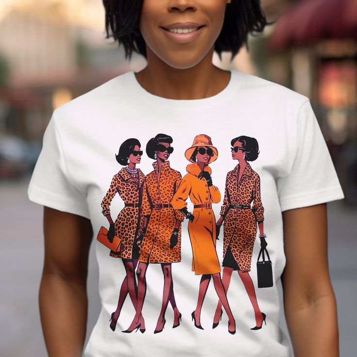 This ADULT UNISEX shirt showcases a fashion illustration of 4 vintage style black women dressed in animal prints. Crafted with care from 100% soft cotton, this tee offers unbeatable comfort and is ready to wear. Available in a variety of sizes and colors, even those not shown. With side seams for enhanced durability, this tee is a versatile addition to your wardrobe. Check our measurement chart to ensure a perfect fit and wear your pride with this striking tee. Embrace the essence of wild old sc Fitted T-shirt With Vintage Print And Short Sleeves, Fitted Vintage Print T-shirt For Spring, Vintage Fitted T-shirt With Funny Print, Retro Fitted Printed T-shirt, Fitted Retro Printed T-shirt, Fitted Vintage Print T-shirt With Short Sleeves, Vintage Fashion Tops For Spring, Fitted Graphic Tee With Print, Fitted Printed Graphic Tee