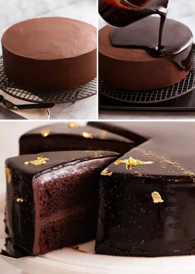 chocolate cake being sliced and served on a plate