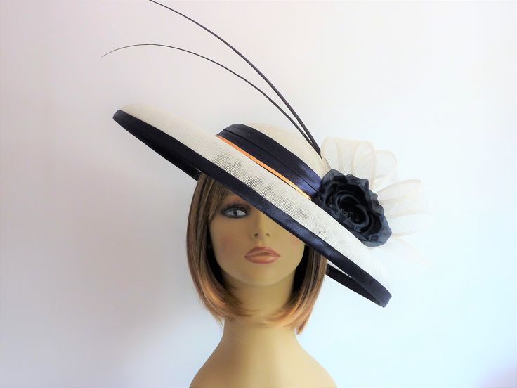 Bespoke ivory and navy oval headpiece trimmed with silk flower and ostrich quills Ivory Fascinator, Hats And Fascinators, Bespoke Hats, Black Peony, Occasion Hats, Orange Hats, Gold Hats, Wire Headband, Silver Headband