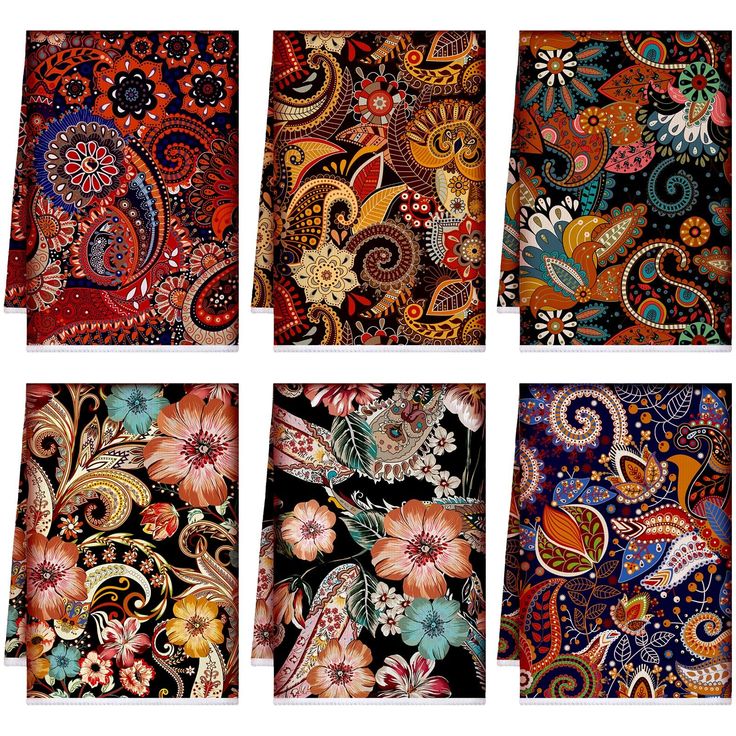 four pictures of different colored paisley designs on black paper, each with an intricate design