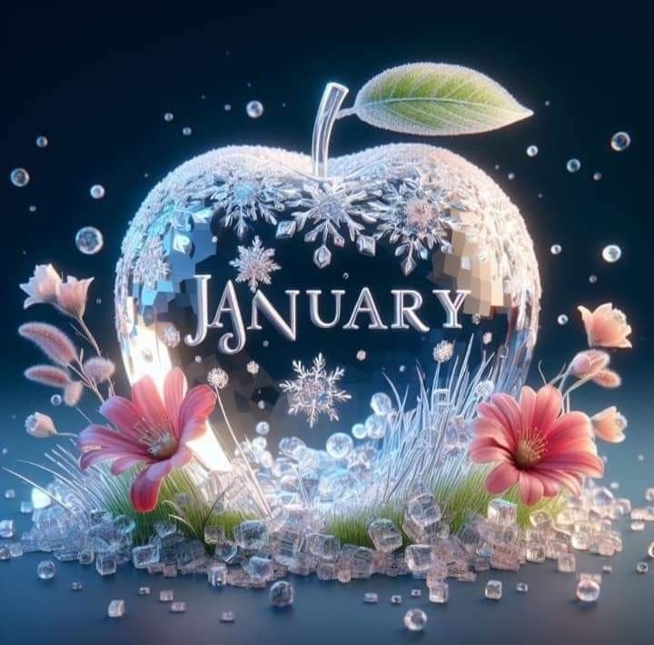 This may contain: an apple with the word january written on it and flowers in front of ice cubes