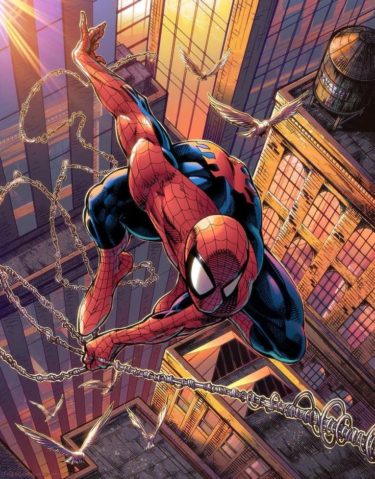 the amazing spider - man is hanging from a chain in front of a cityscape