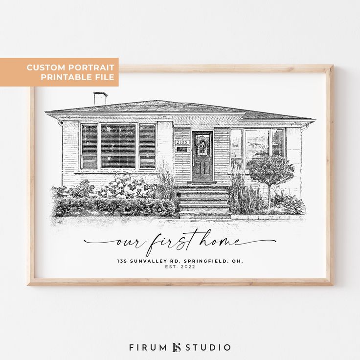 a black and white drawing of a house with the words our first home on it