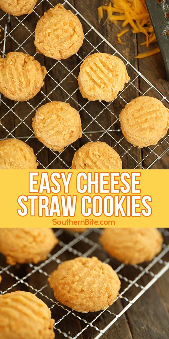 easy cheese straw cookies on a cooling rack with shredded cheese in the background and text overlay