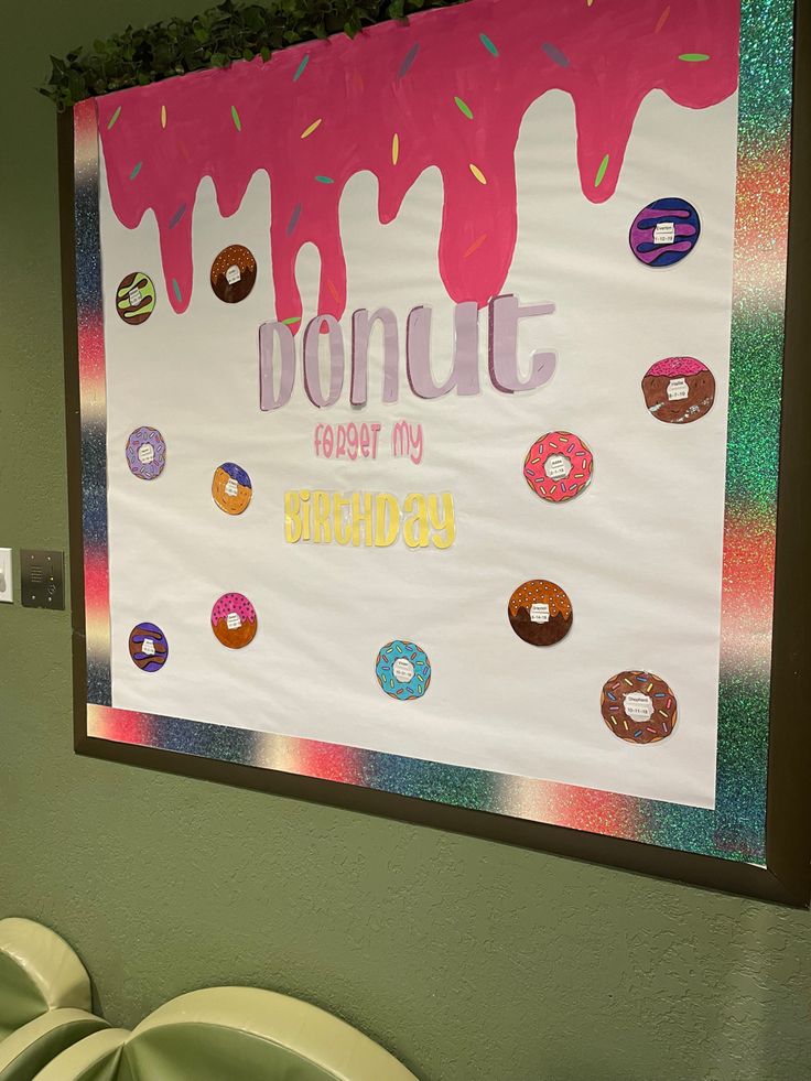 a sign that says donut happy my birthday with doughnuts all over it