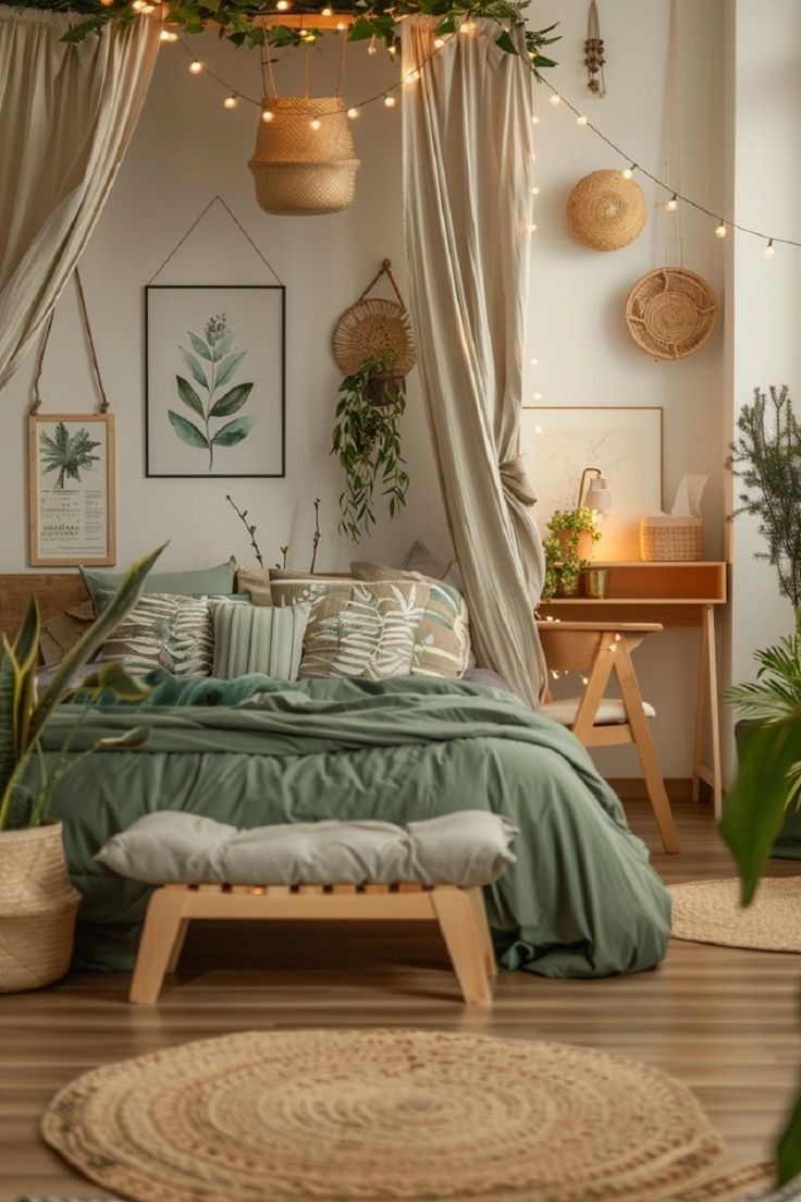 a bedroom with lots of plants hanging from the ceiling and lights on the wall above it