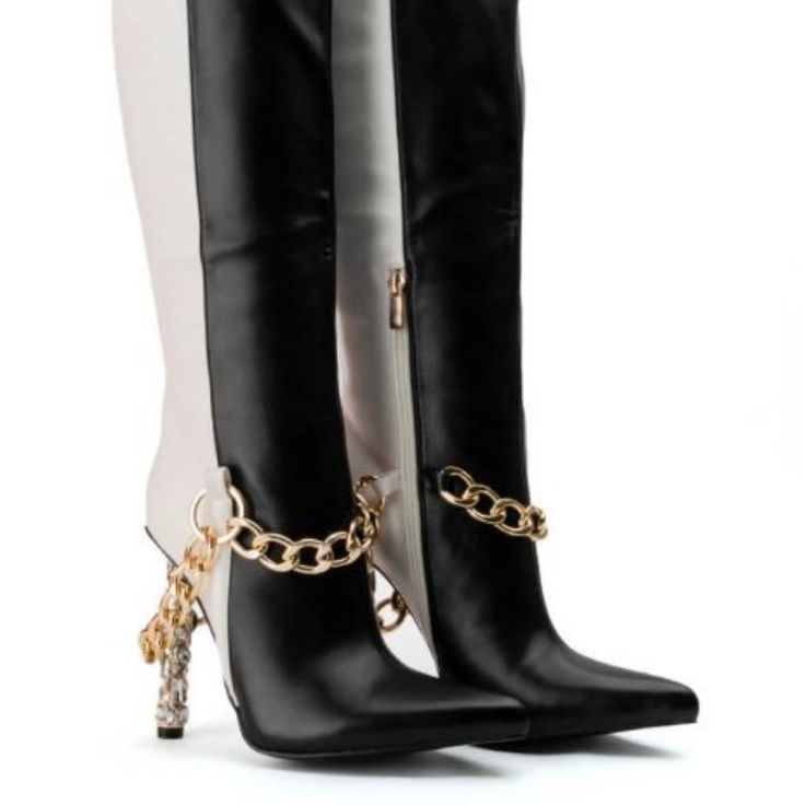 ( Brand New !!!!!!!!!!!!! ) The Azalea Wang ' Two Shades Of Hype " Knee High Chain Boot In Black White Is Made From A Vegan Leather Upper And Features A Two-Tone Colorway, Gold Chain Detailing, A Pointed Toe, And A Rhinestone Gem-Detailed Stiletto Heel. Complete With A Knee-High Silhouette And A Tonal Inner Ankle Zipper Closure. - Vegan Leather Upper - Pointed Toe - Stiletto Heel - 17” Shaft Height - 4.5” Heel Height - Chunky Heel Formal High Heel Boots With Chain Strap, Formal Black Boots With Chain Detail, Formal Black Boots With Chain, Elegant Boots With Chain Strap For Night Out, Dancer Shoes, Chain Boots, Shane Justin, Birthday Plans, Shoes Outfit Fashion