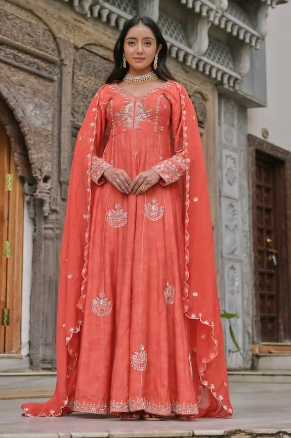 Orange long anarkali with handwork embroidery. Comes with floral butti embroidered dupatta. - Aza Fashions Traditional Floor-length Unstitched Suit With Dupatta, Traditional Floor-length Semi-stitched Churidar, Designer Semi-stitched Anarkali Set With Resham Embroidery, Embroidered Semi-stitched Sharara In Maxi Length, Semi-stitched Floor-length Embroidered Anarkali Set, Floor-length Embroidered Anarkali Set, Floor-length Dola Silk Traditional Wear With Resham Embroidery, Floor-length Anarkali Dress With Chikankari Embroidery, Traditional Semi-stitched Floor-length Salwar Kameez