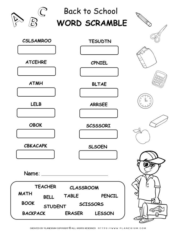 the back to school word scramble is shown in black and white with an image of a boy