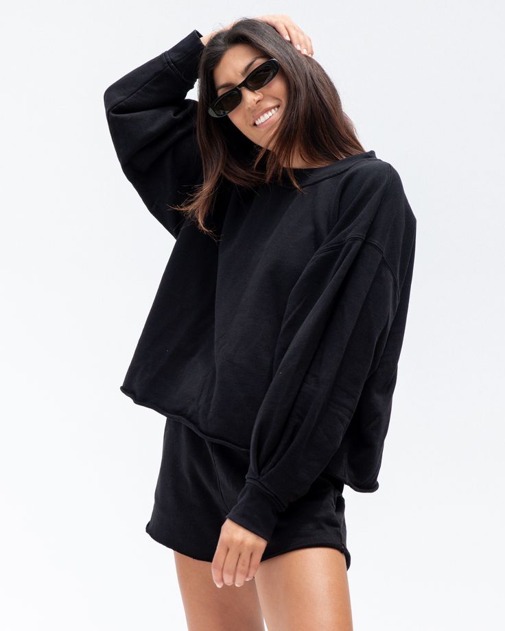 For sport, court and airport— naturally breathable, preshrunk, cozy. This full length sleeve and oversized crew neck makes you look put together but feel like you’re at home, you won’t know how you lived without it. Comfortable Black Long Sleeve Sweater, Comfy Black Sweatshirt For Loungewear, Oversized Comfortable Black Sweater, Black Relaxed Fit Comfortable Sweater, Comfortable Oversized Black Sweater, Black Comfortable Relaxed Fit Sweater, Comfy Black Crew Neck Sweatshirt, Comfy Black Activewear For Loungewear, Black Comfortable Sweats With Ribbed Cuffs