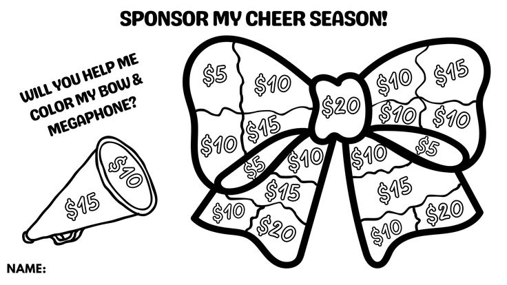 a coloring page with a large bow and money signs on it, says sponsor my cheer season will you help me color my flow & megaphone?