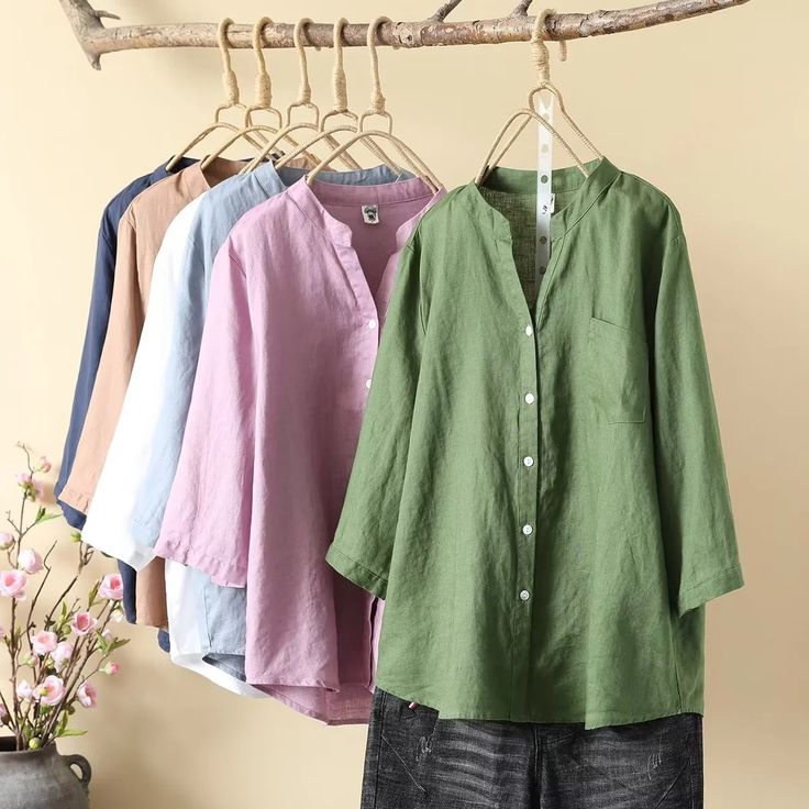 Women's V-Neck Mid-Sleeve Solid Single Breasted Cotton Linen Shirt Blouse Casual Solid Color Split Neck Tops, Casual Green Split Neck Top, Casual Split Neck Cotton Blouse, Casual Cotton Blouse With Split Neck, Casual Split Neck Shirt For Spring, Casual Half Sleeve Blouse For Work, Relaxed Fit Split Neck Blouse, Casual Green 3/4 Sleeve Shirt, Casual Blouse With 3/4 Sleeves For Daywear