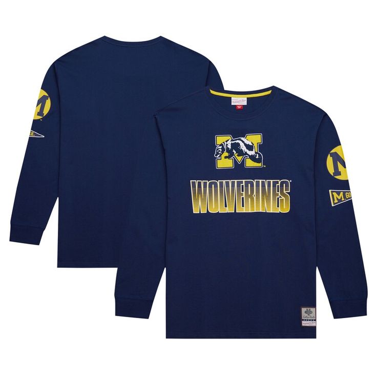 Show off your Michigan Wolverines pride with this Mitchell & Ness Throwback Allover Long Sleeve T-Shirt. The vintage team logo embroidered at the top front center adds a touch of nostalgia, while the throwback team details printed down the left sleeve enhance the retro vibe. This tee is a must-have for any Wolverines fan looking to rep their team with a retro collegiate look. Throwback Cotton Tops With Team Name, Throwback Long Sleeve Tops With Team Logo, Throwback Long Sleeve T-shirt For College, University Logo Long Sleeve Tops For Sports Season, College Throwback T-shirt With Team Logo, Collegiate Long Sleeve Tops With Team Logo, Long Sleeve University Logo Tops For Sports Season, Fan Apparel Tops With University Logo, College Long Sleeve Tops With Team Logo