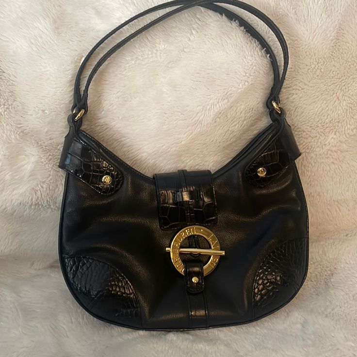 Ralph Lauren Leather Shoulder Hobo Handbag In Excellent Condition. I Never Used It Has Two Large Open Compartments Inside Of The Purse, A Zippered Compartment And Two Inside Pockets Enough To Carry All Your Essentials. Soft Black Leather With Croc Embossed And Gold Hardware. Drop Is 8” Lbr Designer Rectangular Hobo Bag With Branded Hardware, Vintage Evening Bags With Branded Hardware, Elegant Shoulder Bag With Brass Hardware, Formal Shoulder Bag With Brass Hardware, Vintage Shoulder Bag With Branded Hardware For Evening, Formal Tote Bag With Brass Hardware, Vintage Formal Shoulder Bag With Branded Hardware, Vintage Evening Shoulder Bag With Branded Hardware, Formal Vintage Shoulder Bag With Branded Hardware