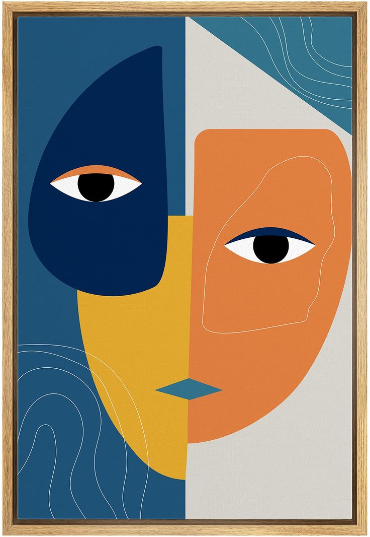 an abstract painting with two faces in blue, orange and yellow