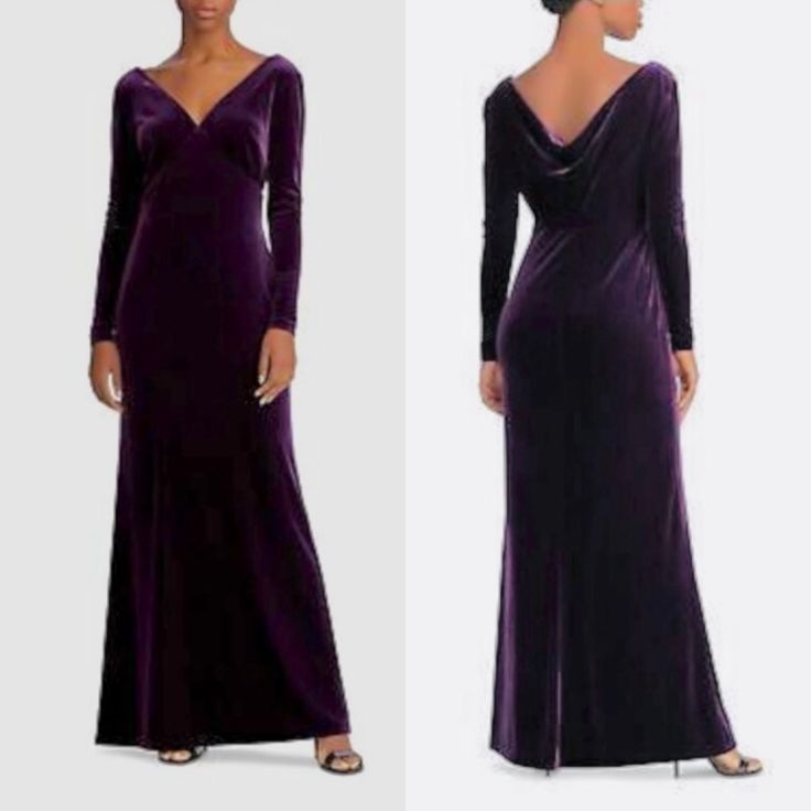 Nwt Purple Gown Brand: Lauren Ralph Lauren Size:12, 2 Color: Purple(Plum Or Eggplant) Material: Polyester/Elastane Long Sleeve, V Neck Rich Color, Soft Luxurious Material Last Picture Shows The Empire Style Bodice, There Is A Slight Shimmer Effect But There Are No Sequins, Sparkles Etc On The Dress. Dress Is Fully Lined. Perfect For Holiday Events, Mardi Gras, Balls Size 12: Pit To Pit Flat Approx 20”- See Pic Plum Velvet Dress, Purple Velvet Dress, Purple Gown, Sleeveless Chambray, Purple Gowns, Black Polka Dot Dress, Evening Dresses With Sleeves, Velvet Gown, Purple Plum