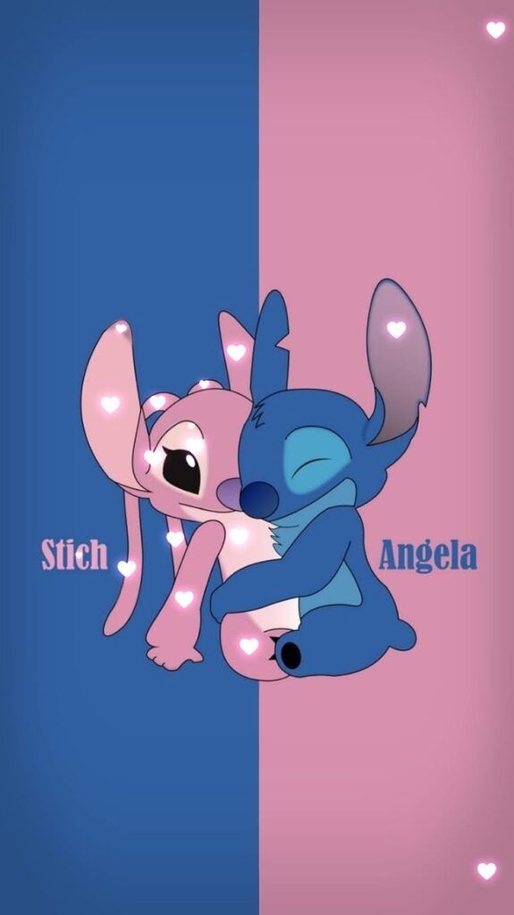 two cartoon characters hugging each other with the words stitch and angella in front of them