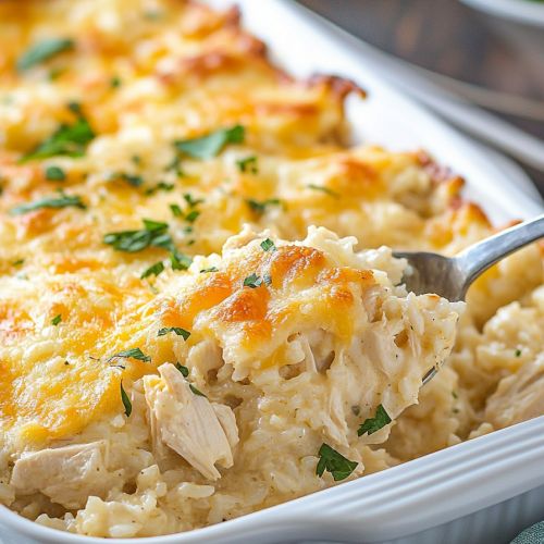 a casserole dish filled with chicken and cheese