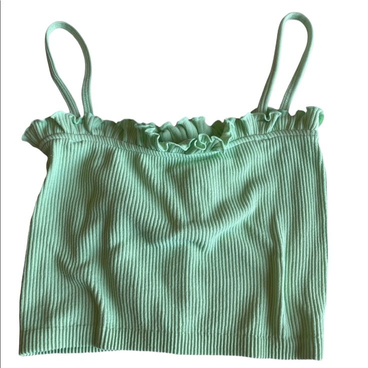 Zara Brand Mint Colored Crop Top. Spaghettis Straps And Ribbed Material. Ruffled Top. Polyamide/Elastane Blend For A Stretchy Comfortable Fit! Perfect Worn Alone Or As A Layering Piece! Nwt! Size Xs-S Green Trendy Cami Crop Top, Trendy Green Cami Crop Top, Green Seamless Spaghetti Strap Top, Green Camisole Crop Top For Spring, Spring Ruffled Stretch Camisole, Spring Green Seamless Tank Top, Seamless Green Tank Top For Spring, Green Seamless Summer Tops, Spring Stretch Cami Top