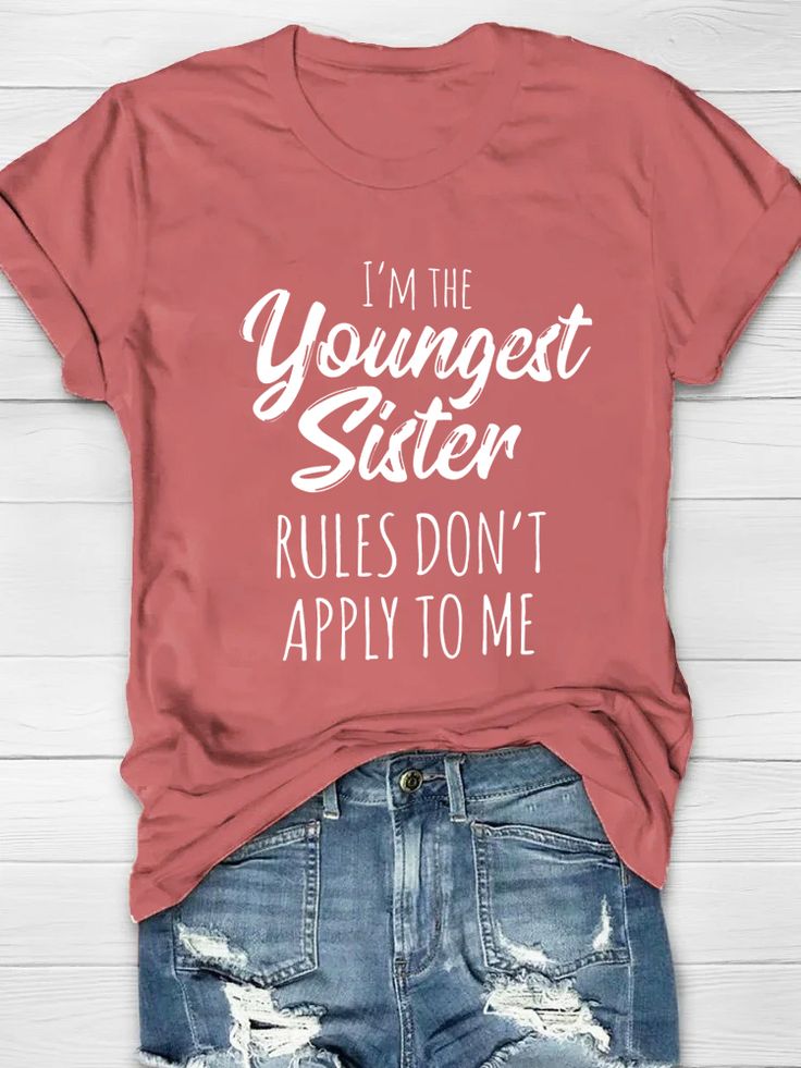 Product Name I'm The Youngest Sister Rules Don't Apply To Me Printed Crew Neck Women's T-shirt SPU 10222592 Gender Women Occasion Casual Material Cotton Please Note: All dimensions are measured manually with a deviation of 1 to 3CM SIZE BUST SHOULDER LENGTH SLEEVE IN CM IN CM IN CM IN CM S 40.2 102 15.4 39 28.3 72 6.9 17.5 M 41.7 106 15.8 40 28.3 72 7.1 18 L 43.3 110 16.1 41 28.9 73.5 7.3 18.5 XL 45.7 116 16.8 42.5 28.9 73.5 7.5 19 2XL 48 122 17.3 44 29.5 75 7.7 19.5 3XL 50.4 128 17.9 45.5 29.5 Red T-shirt With Funny Text For Summer, Funny Red Tops With Letter Print, Red Funny Tops With Letter Print, Red Slogan T-shirt With Relaxed Fit, Red Slogan T-shirt Relaxed Fit, Relaxed Fit Red Slogan T-shirt, Red Relaxed Fit Slogan T-shirt, Funny Red Crew Neck Top, Red Short Sleeve Top With Funny Text