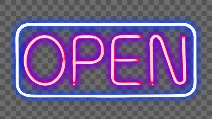 an open neon sign on a transparent background