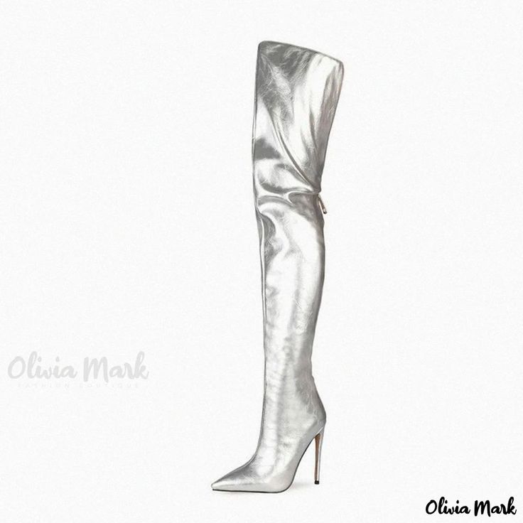 Olivia Mark - Sophisticated Pointed Toe Faux Leather Stiletto Over Knee Boots - Silver Elegant Fitted Synthetic Boots, Chic High Heel Faux Leather Boots, Elegant Synthetic Boots For Night Out, Elegant Synthetic Boots For Party, Elegant Fitted Synthetic Heeled Boots, Fitted Faux Leather Boots With 4-inch Heel, Fitted Synthetic Heeled Boots For Evening, Fitted Chic Synthetic Heeled Boots, Chic Fitted Synthetic Heeled Boots