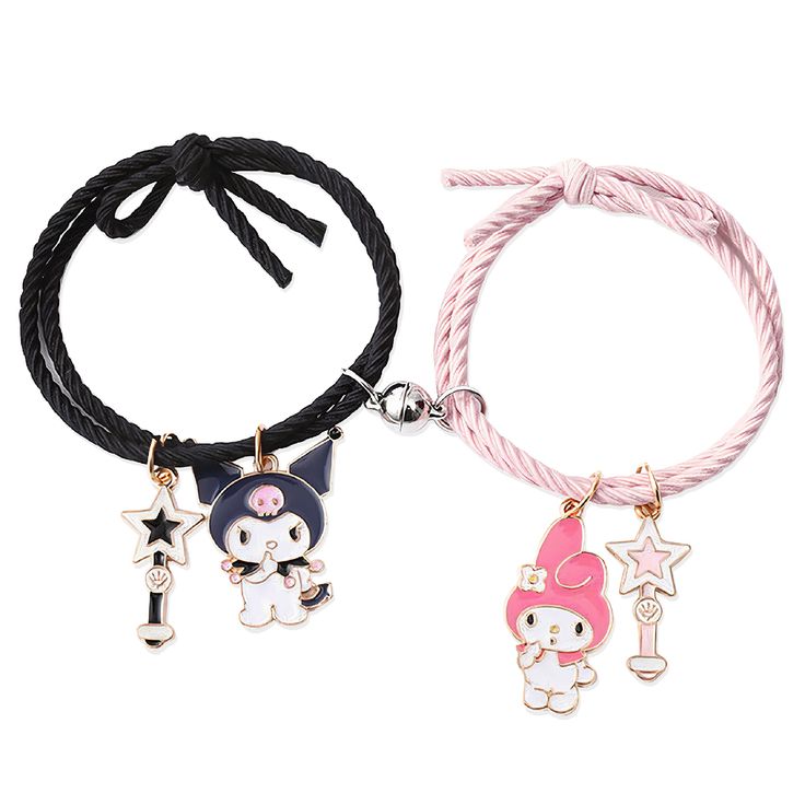 PRICES MAY VARY. Quantity: You will get 2 pcs of cute cartoon black-pink bracelets with bright, vivid, and unique designs. Material: the bracelets are made of durable rope and magnet, and the pendant is made of high-quality alloy, hypoallergenic, lead, and nickel-free. Measurement: the length of the bracelet is about 5.5-10.2 inches, and the pendant size: is 1.2*1 inches. Design: the magnet accessories made the 2 bracelets can be attached together. Perfect gift: Perfect for birthdays, Christmas, Mutual Attraction, Bracelet Bff, Kawaii Bracelet, Couples Bracelets, Bff Jewelry, Bff Bracelets, Hello Kitty Jewelry, Best Friend Bracelets, Valentines Couple