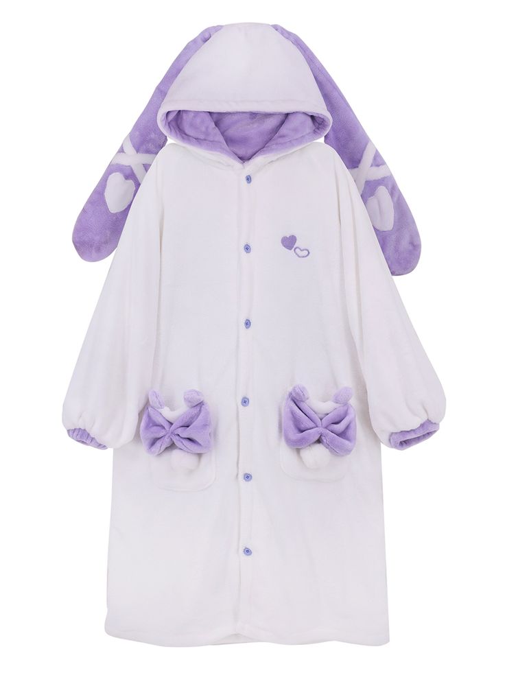 This long flannel pajama is designed with ultimate comfort and cuteness in mind. Featuring a cozy hood adorned with heart-patterned and cross-design bunny ears, it adds a playful touch to your nighttime wear. The single chest area is embellished with a delicate heart embroidery, while the pockets, decorated with charming bows, provide both functionality and style.  Please note that the price includes one pajama only.   	 		 			Size 			M 			L 			XL 		 		 			Length 			100 			102 			104 		 		 			Bu Bunny Pajamas, Long Flannel, Kawaii Pajamas, Steampunk Fashion Male, Purple Bunny, Ear Design, Cute Pajama Sets, Heart Embroidery, Future Outfit