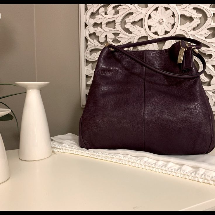 Coach Large Phoebe Handbag Black Violet (Dark Purple) Pebbled Leather Practically Brand New!! Bag Has Only Been Used A Handful Of Times. Satin Lining, No Tears Or Stains. Dust Bag Included Coach Textured Leather Tote Shoulder Bag, Elegant Purple Tote Shoulder Bag, Coach Textured Leather Evening Bag, Coach Textured Leather Double Handle Bag, Elegant Coach Hobo Bag In Soft Leather, Coach Double Handle Textured Leather Bag, Coach Hobo Shoulder Bag For Formal Occasions, Elegant Coach Soft Leather Shoulder Bag, Elegant Coach Soft Leather Hobo Bag