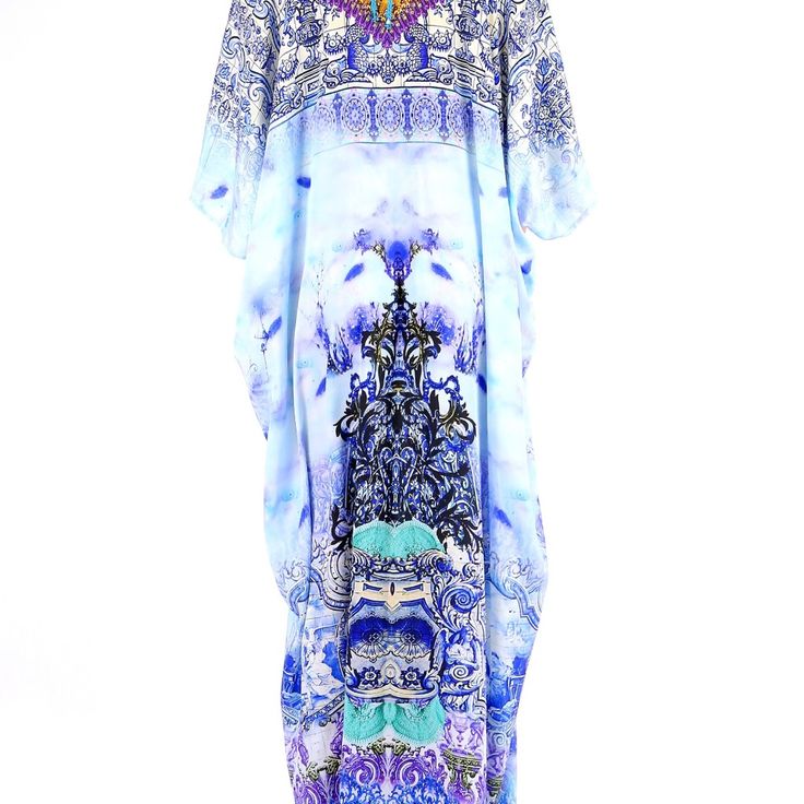 Long Kaftan Dress By Colors Of Fashion Brand Length - 59"-60" One Size Fits All ( 2-12) Or May Be Fits Size 14 Depending On Bust Size Fabric - Silky Feel 100% Polyester Care - Hand Wash Brand - Colors Of Fashion Versatility Ensures You'll Never Be Bored Of This Kaftan! Blue Maxi Dresses With Digital Print, Blue Maxi Dress With Digital Print, Blue Printed Long Maxi Dress, Blue Printed Kaftan For Festivals, Blue Silk Dress With Digital Print, Blue Silk Kaftan For Vacation, Elegant Blue Floral Print Kaftan, Blue Digital Print Summer Dress, Blue Summer Dress With Digital Print