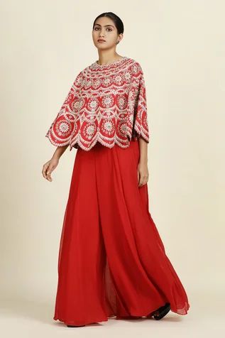 Shop for Oshi By Shikha Zardozi Embroidered Cape And Sharara Set for Women Online at Aza Fashions Raw Silk Embroidery, Silk Sharara, Embroidery Zardozi, Embroidered Cape, Zardozi Embroidery, Red Cape, Sharara Set, Pattern Embroidery, Silk Embroidery