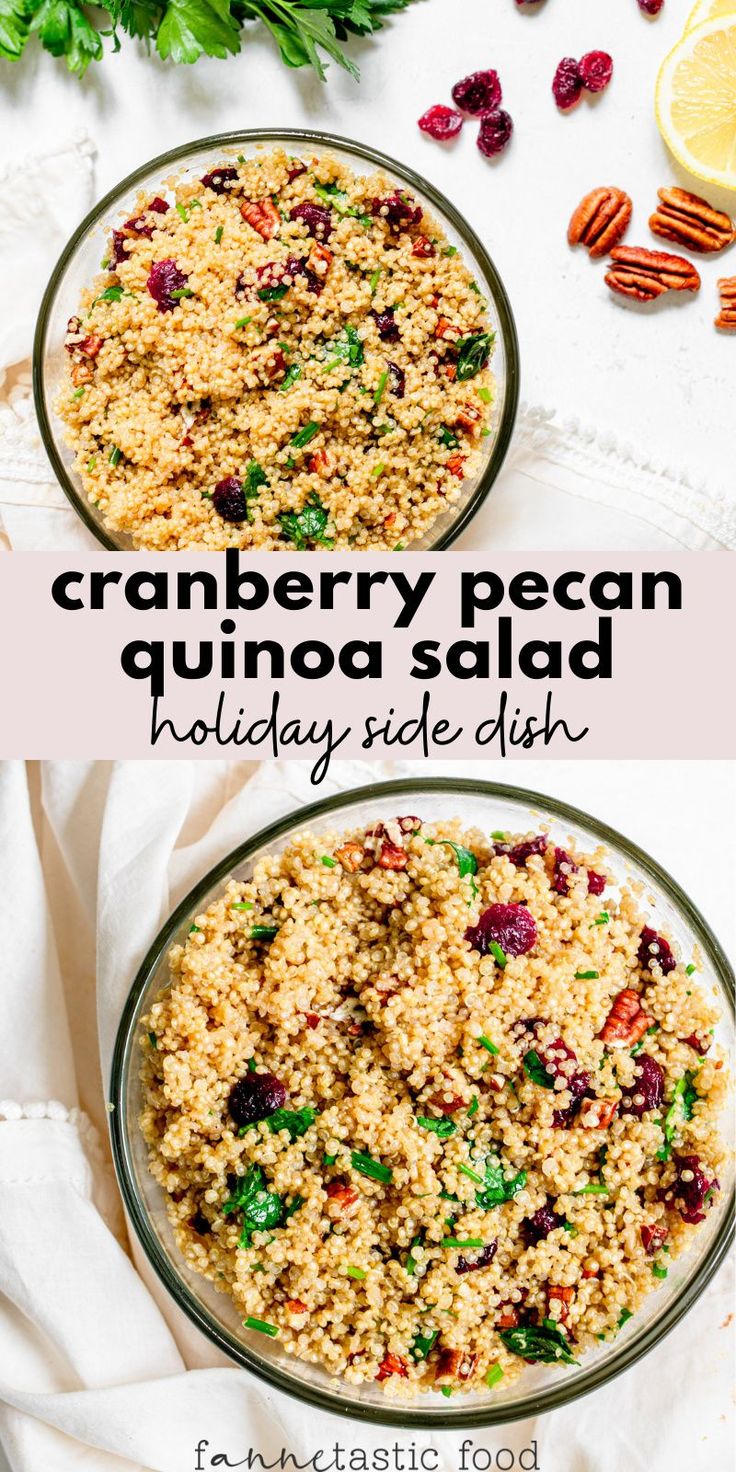 two bowls filled with cranberry pecan quinoa salad on top of a white cloth