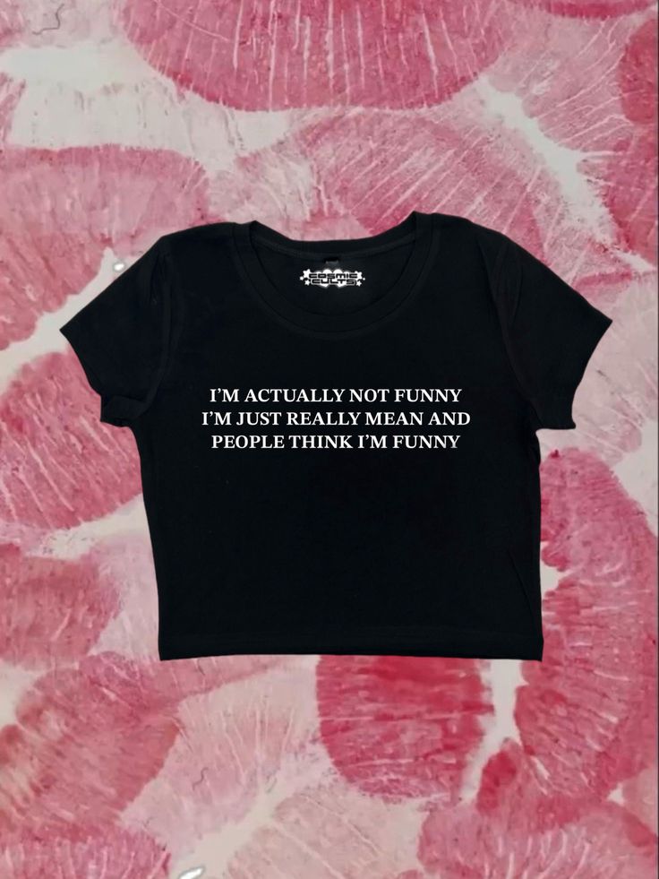 Crop top with "I'm Actually Not Funny I'm Just Really Mean And People Think..." - design printed on a 95% cotton 5% spandex, form fitting, available in multiple colors 💞 Make sure to check the size chart!✨ Message me with any questions :)  we do not give refunds for incorrect addresses so please double check that all your information is correct before ordering Fitted Funny Black T-shirt, Fitted Fun T-shirt With Screen Print, Y2k Style Crop Top T-shirt With Text Print, Black Y2k T-shirt With Custom Print, Fitted Funny Print T-shirt, Trendy Fitted T-shirt With Custom Print, Fitted Cotton Tops With Text Print, Fitted Crop Top T-shirt With Funny Text, Funny Text Print Streetwear Top