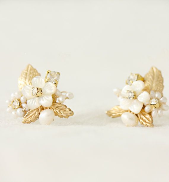 Gold Leaf and Mother of Pearl Flower, Crystal Post Wedding Earrings Gold 3d Flowers Jewelry For Wedding, Gold Jewelry With 3d Flowers For Wedding, Gold Wedding Jewelry With 3d Flowers, Elegant Bridal Earrings With Handmade Gold Flowers, Elegant Gold Bridal Earrings With Handmade Flowers, Gold Pearl Flower Earrings For Wedding, Gold Pearl Flower Bridal Earrings, Gold Handmade Flower Earrings For Wedding, Gold Wedding Earrings With Handmade Flowers