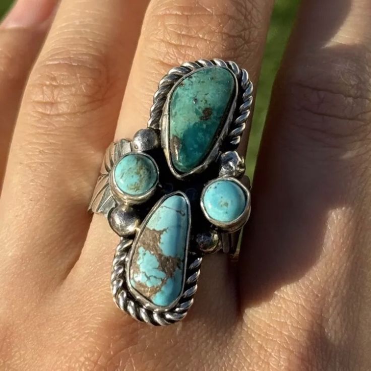 Native American Sterling Silver Turquoise Ring. Size 10.5 Width: 1.5 Inch By 0.75 Inch Best Offers Accepted! Turquoise Jewelry Rings, Rodeo Jewelry, Silver Turquoise Ring, Sterling Silver Rings Turquoise, 5 Gifts, Ring Size 10, Silver Turquoise, Cluster Ring, Turquoise Sterling Silver