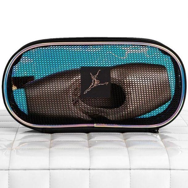 a blue and black case sitting on top of a bed