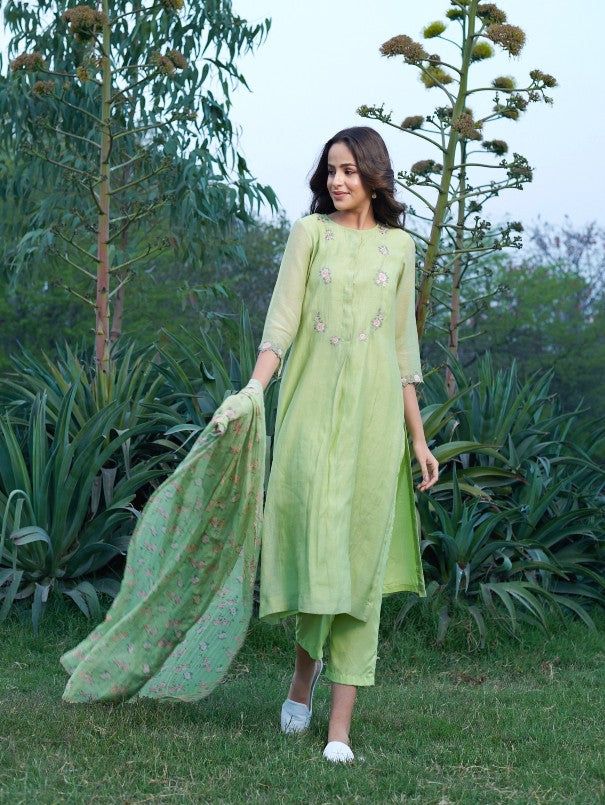 Rosy - Green Rose Embroidered Cotton Silk Kurta Set (Set of 3) By Priti Prashant now available at Trendroots Embroidered Green Cotton Silk Kurta, Semi-stitched Green Embroidered Fabric For Straight Kurta, Green Floral Embroidered Straight Kurta Set, Semi-stitched Green Kurta With Intricate Embroidery, Semi-stitched Green Embroidered Kurta, Floral Dupatta, Silk Kurta Set, Green Embroidery, Kurta Dress