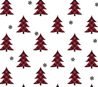 red and black plaid christmas trees with snowflakes on the top, seamless pattern